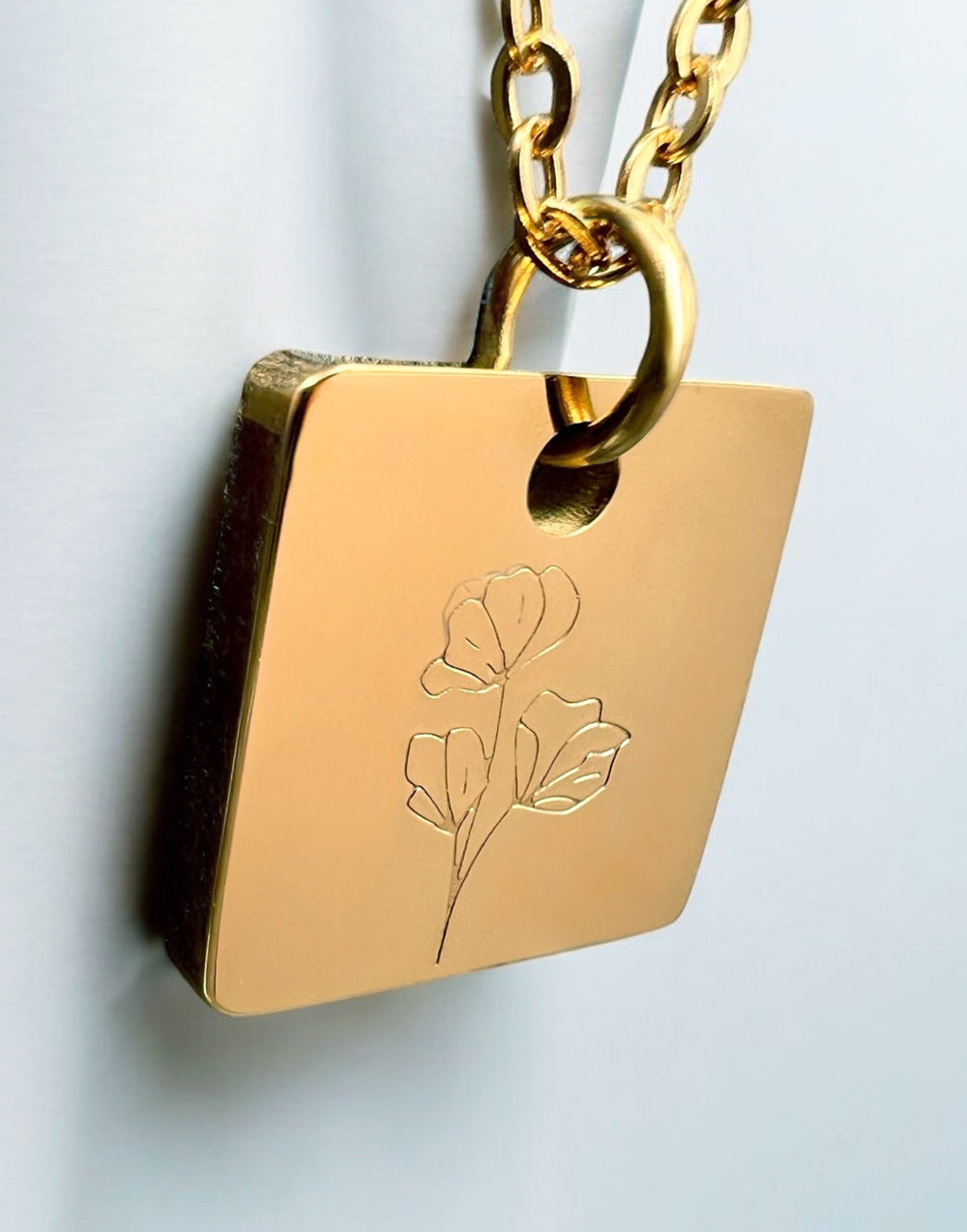 Square Birth Flower Necklace Gold Stainless Steel