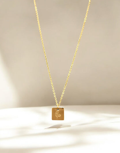 Square Birth Flower Necklace Gold Stainless Steel