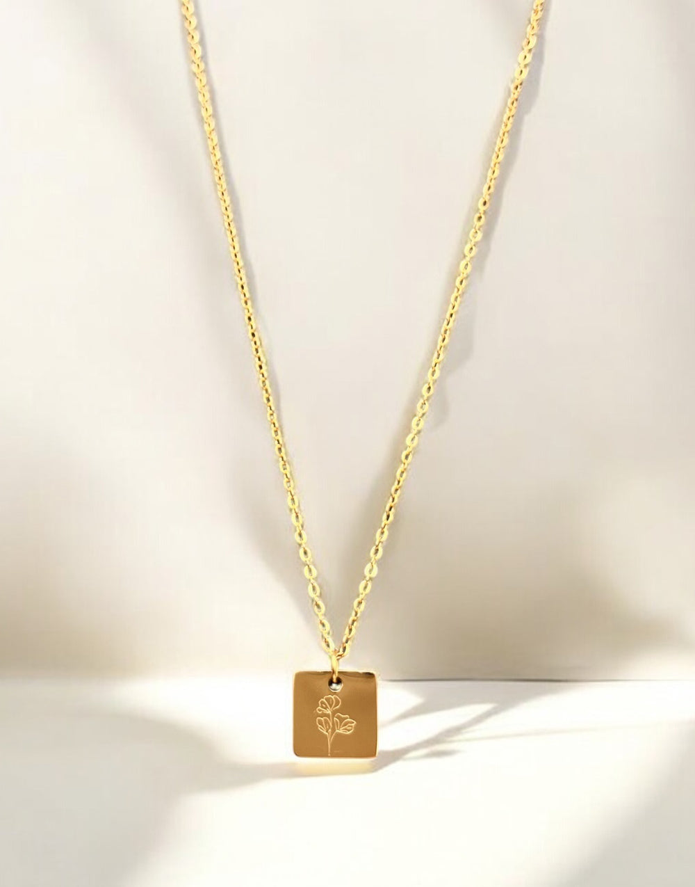 Square Birth Flower Necklace Gold Stainless Steel