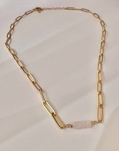 Natural Rose Quartz Bar Paper Clip Necklace